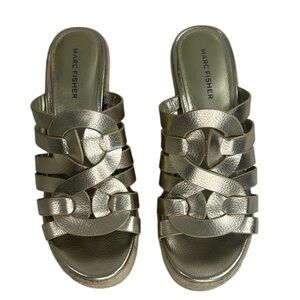 Marc Fisher Cazzie 2 Gold Faux Leather Criss Cross Strappy Wedge Sandals SZ 8.5